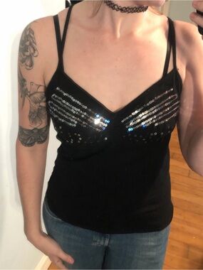 American Exchange Black Sequin V-Neck Tank